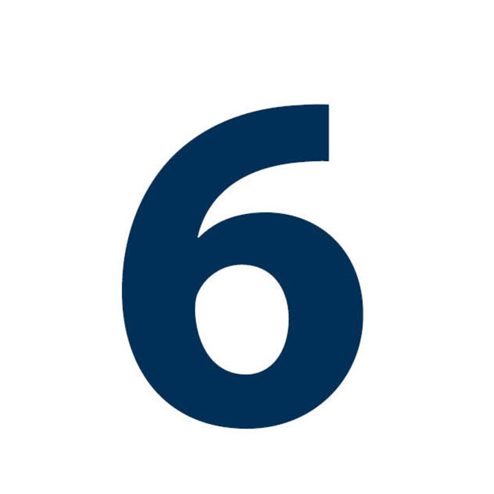 The number "six" can be seen in blue on a white background.
