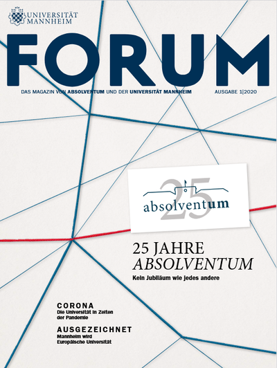 Cover des FORUM-Magazins mit Grafik eines Netzes und dem Titel "25 Jahre Absolventum. Kein Jubiläum wie jedes andere".