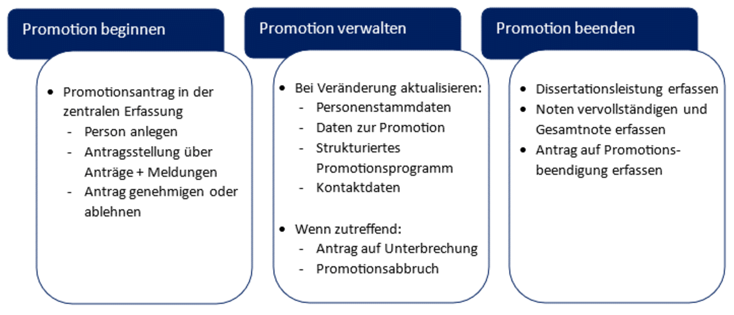 Die Abbildung zeigt die Schritte die in DOC zur Verwaltung einer Promotion mindestens durchgeführt werden müssen.