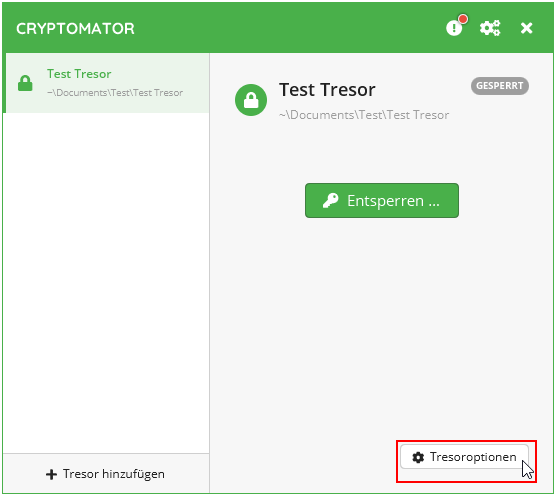 Screenshot Tresoroptionen