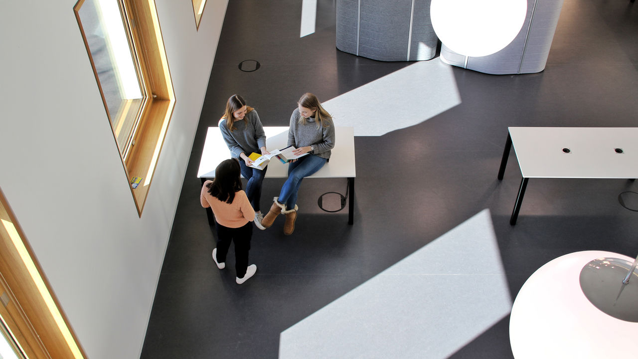 Drei Studentinnen unterhalten sich im Gebäude B6 der Universität Mannheim. Sie wurden aus der Vogelperspektive fotografiert.