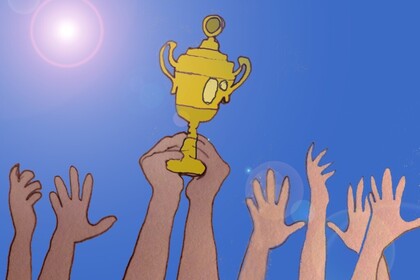 Grafik mehrerer nach oben zeigender Hände, die nach einem Pokal greifen. 