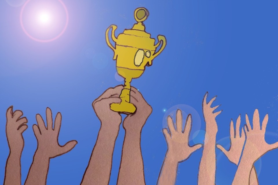 Grafik mehrerer nach oben zeigender Hände, die nach einem Pokal greifen.