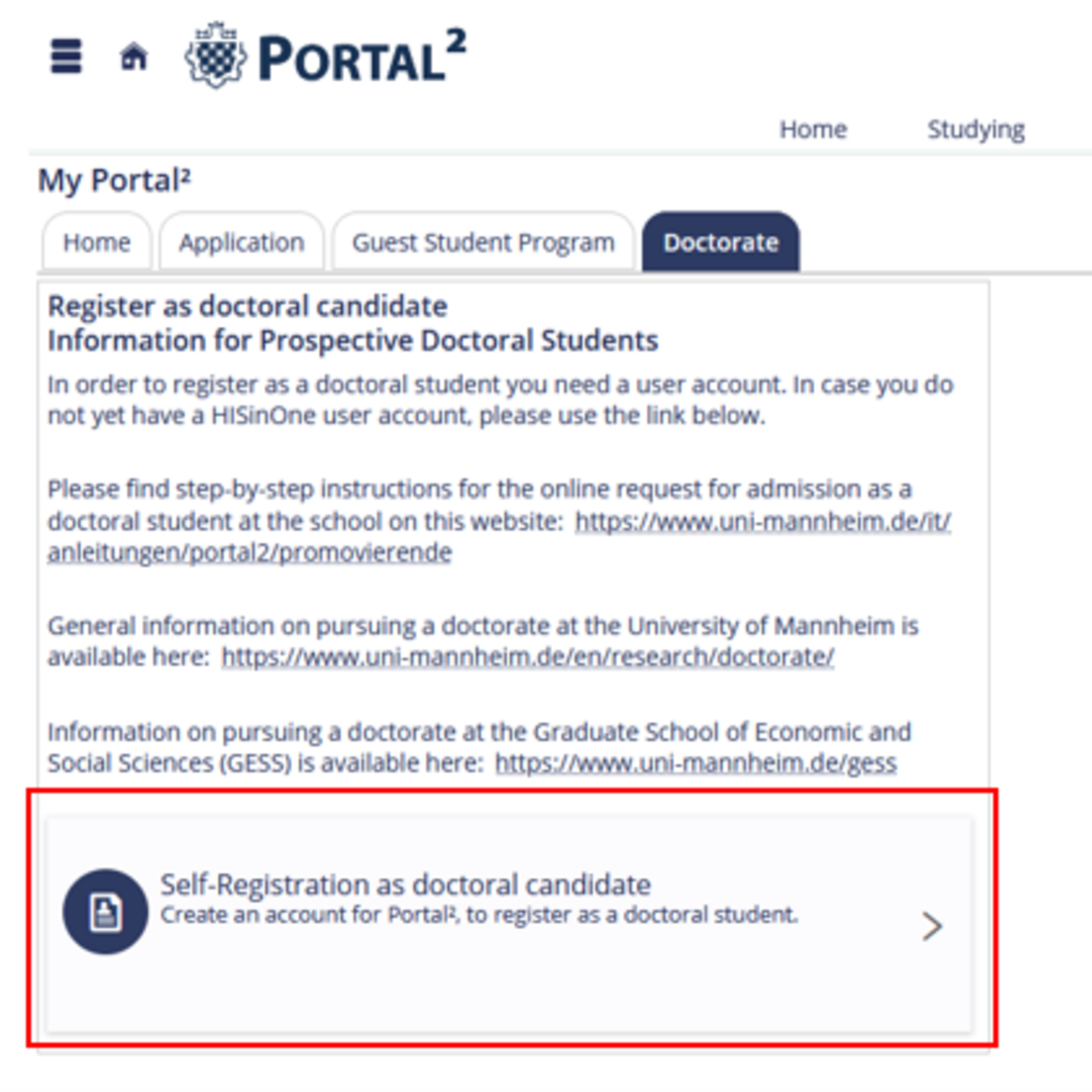 A screenshot of the Portal² website showing the “Doctorates” subpage with the “Create an account for Portal²” button outlined in a red box.
