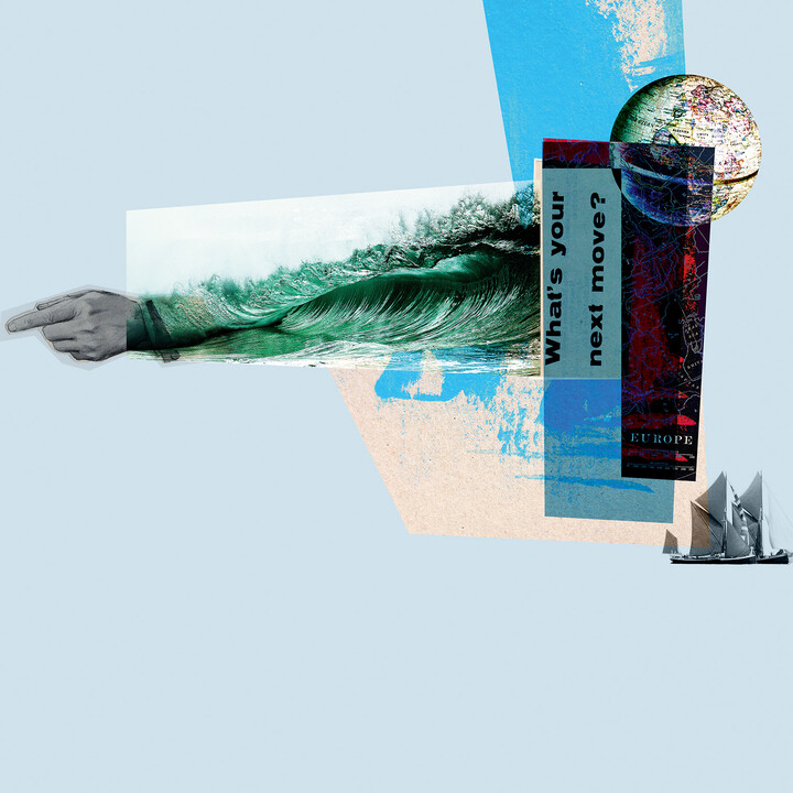 Bildercollage auf blauem Hintergrund mit einer großen Welle, die in einen gestreckten Zeigefinder übergeht, einem Globus, einem Segelschiff und dem Schriftzug "What's your next move?".