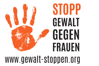 Visual mit einer ablehnenden Hand und dem Text: Stopp Gewald gegen Frauen