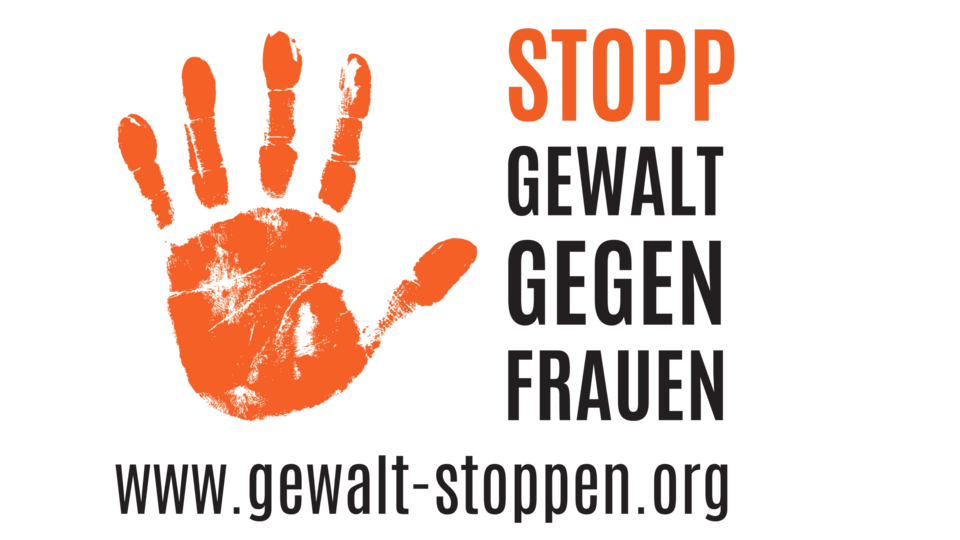 Visual mit einer ablehnenden Hand und dem Text: Stopp Gewald gegen Frauen
