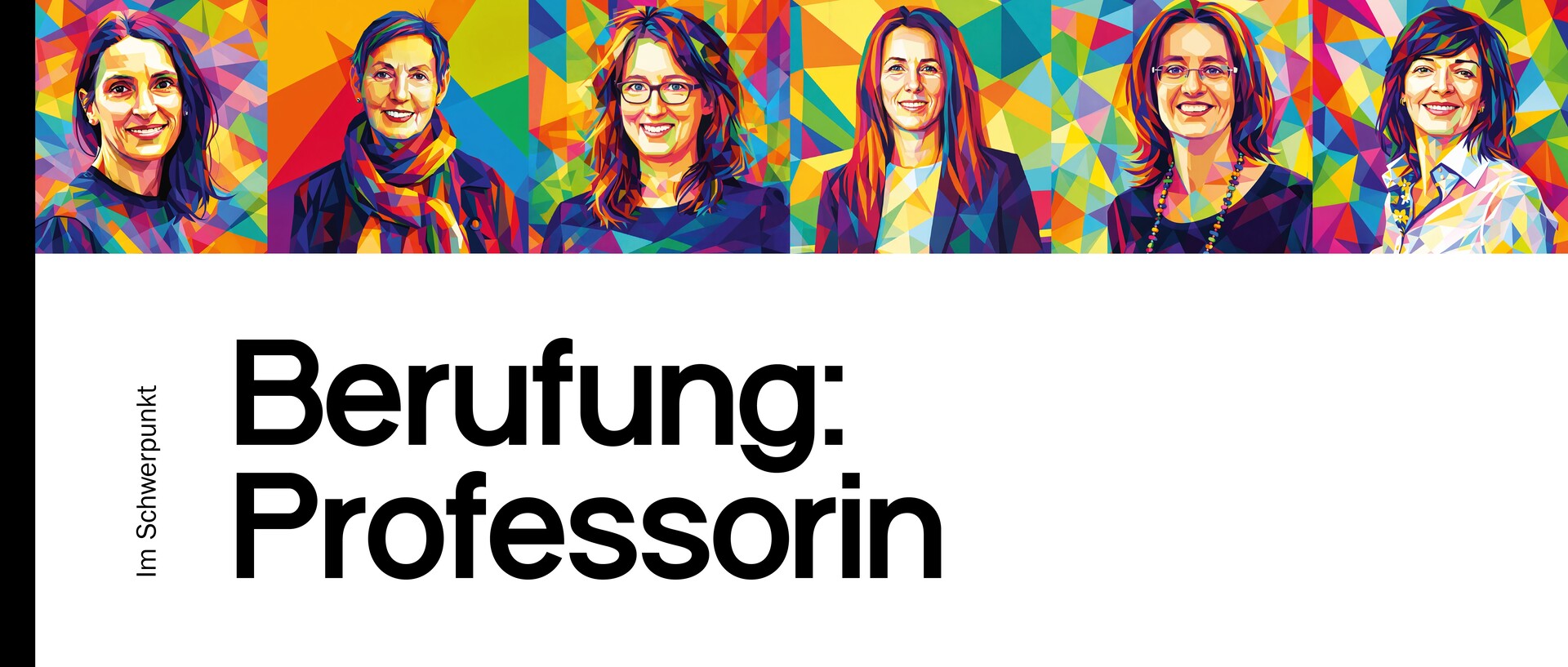 Bilder der sechs im FORUM porträtierten Professorinnen in bunten Farben. Darunter der Schriftzug: "Im Schwerpunkt: Berufung Professorin"