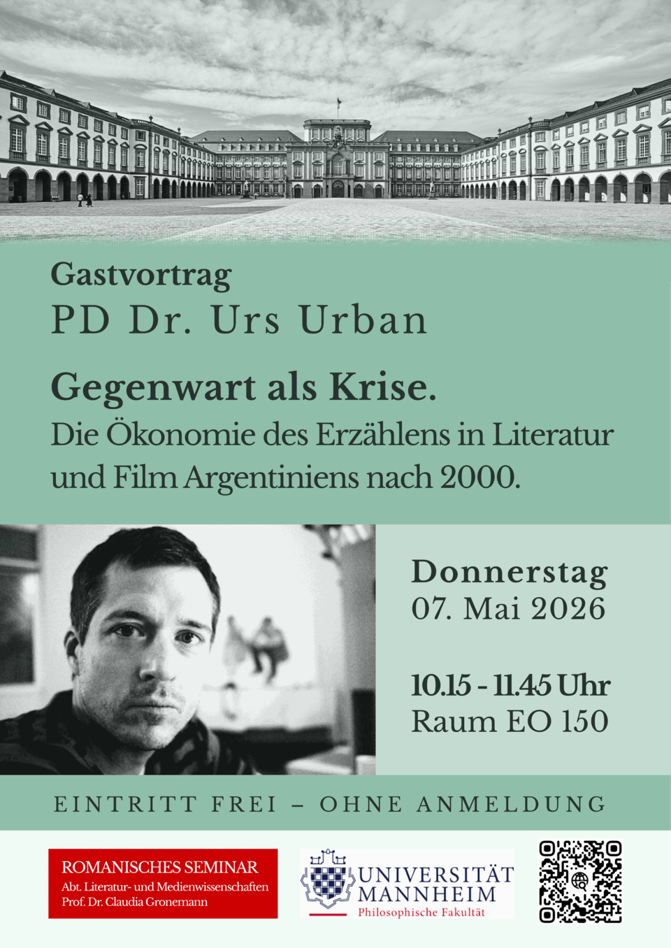 Plakat Gastvortrag PD Dr. Urs Urban am 7.5.2026, 10:15 Uhr EO 150