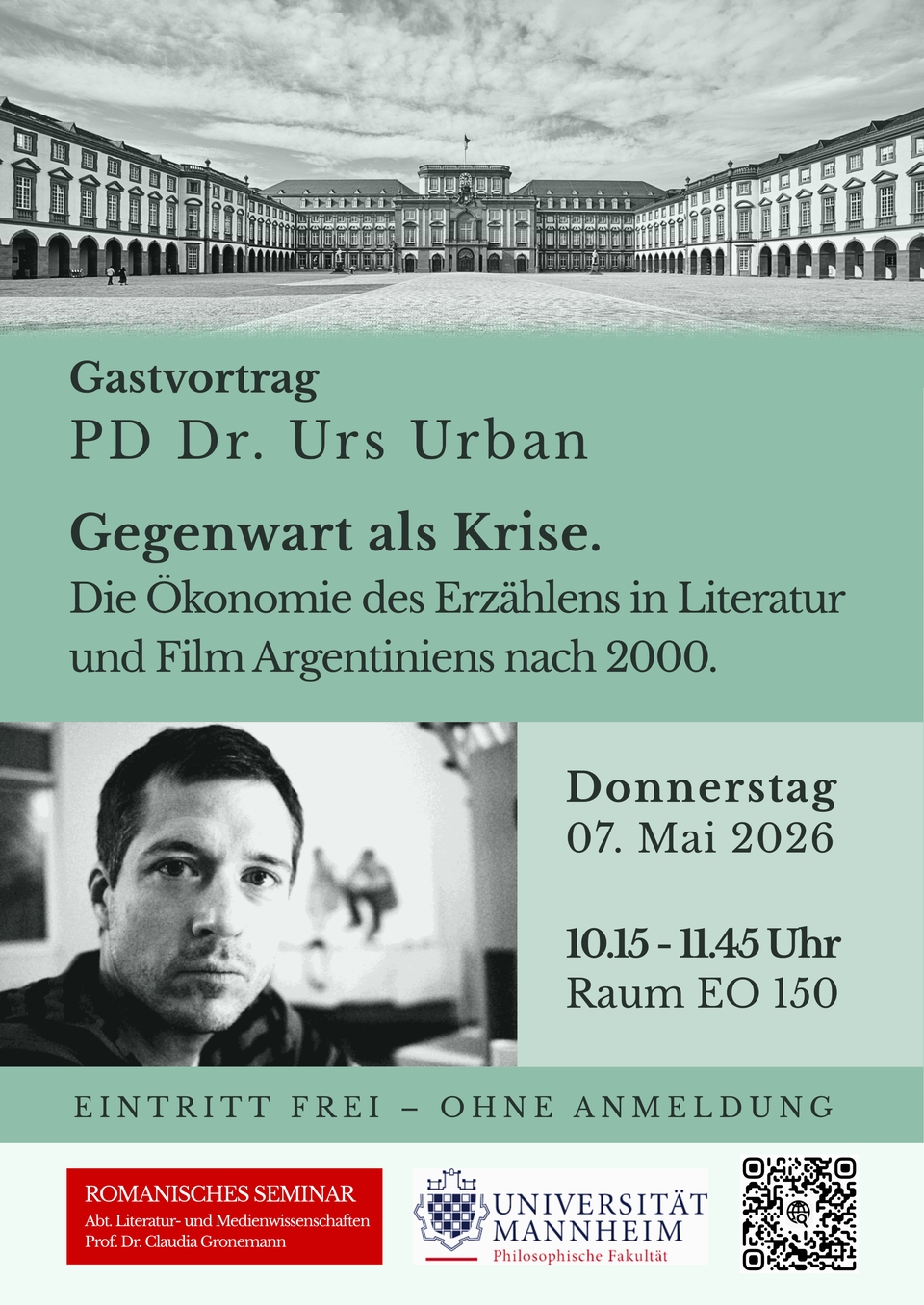 Plakat Gastvortrag PD Dr. Urs Urban am 7.5.2026, 10:15 Uhr EO 150