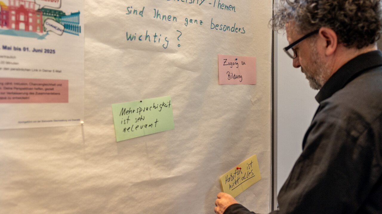 Ein Mann steht vor einem Whiteboard mit der Überschrift "Welche Diversity-Themen sind Ihnen ganz besonders wichtig?" Darunter hängen bunte Zettel mit den Texten "Zugang zu Bildung", "Mehrsprachigkeit ist relevant" und "Habitus ist nicht alles".