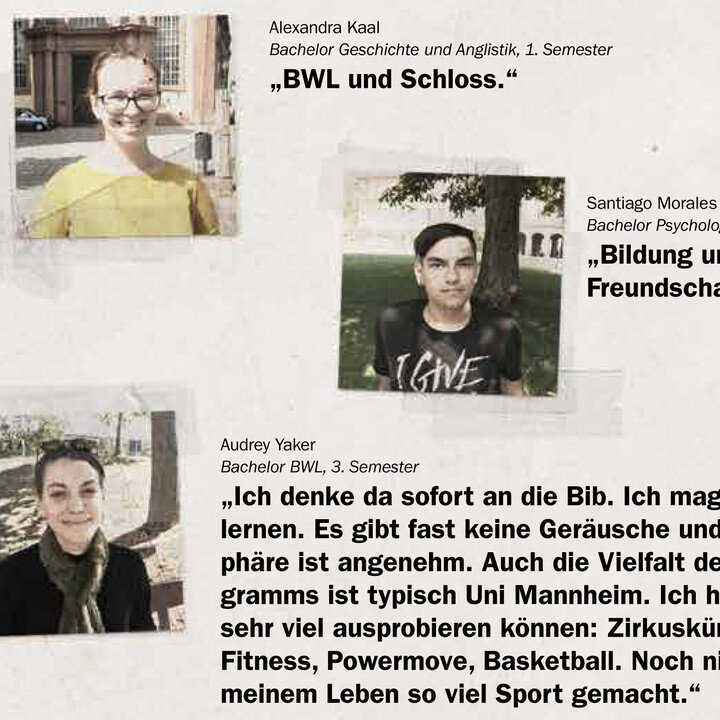 Die Porträts drei Studierender verschiedener Fachrichtungen mit Zitaten, was an der Uni Mannheim für sie typisch ist.