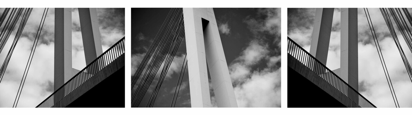 Schwar-weiße Fotografien mit Bildausschnitten einer aus Stahl konsturierten Hängebrücke