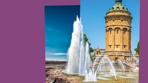 Collage zweier Bilder. Rechts der Wasserturm in Mannheim mit seinen Wasserfontänen und links eine Fontäne, die aus dem Boden sprizt. Beide Fontänen zusammen verschmelzen zu einer.