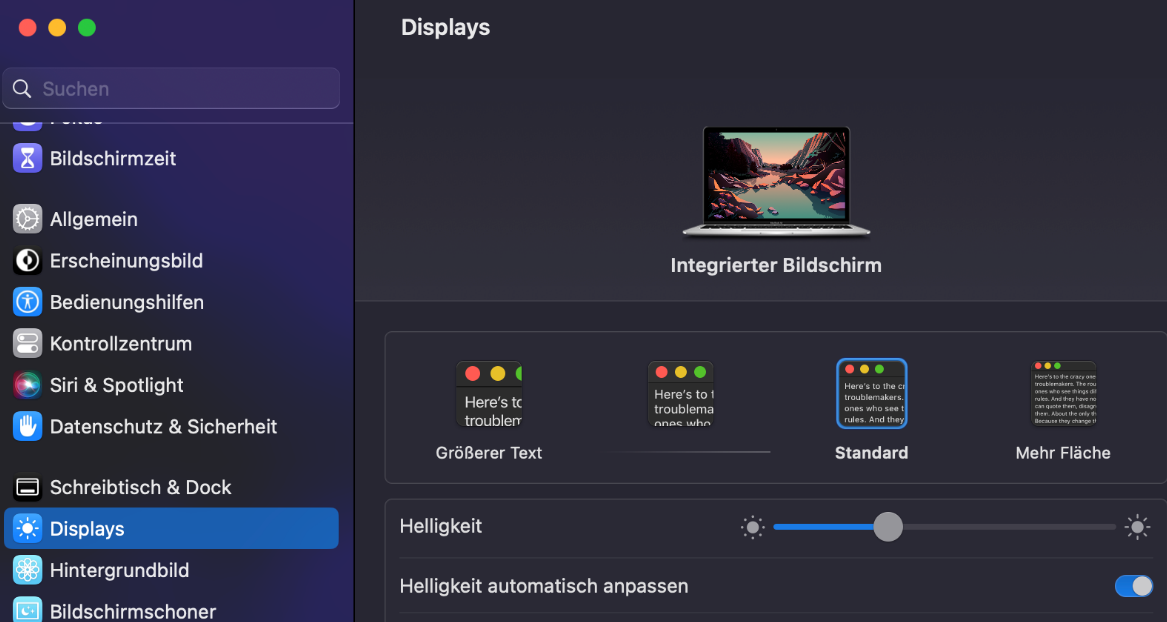 Settings for integrated screens