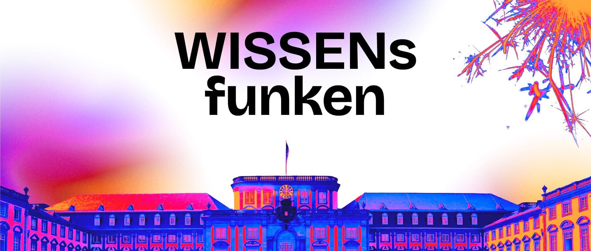 Das Mannheimer Schloss in orangenen und blauen Farben. Oben rechts die Funken einer Wunderkerze.