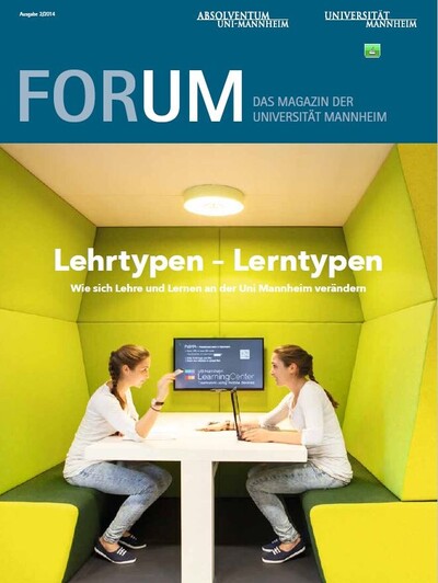 FORUM-Cover Ausgabe 2/2014 mit dem Titel "Lehrtypen - Lerntypen". Zwei identisch aussehende Studentinnen sitzen sich an einem Tisch gegenüber. 