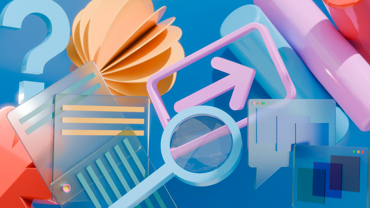 Grafik aus verschiedenen im Raum schwebenden Symbolen wie Fragezeichen, Lupe, Klemmbrett und Sprechblase.