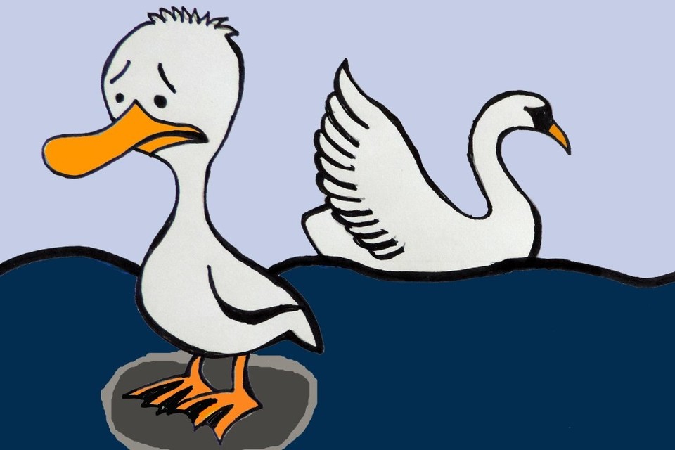 Im Hintergrund ein weißer Schwan auf dem Wasser, im Vordergrund auf einer grauen Scholle eine weiße traurig aussehende Ente
