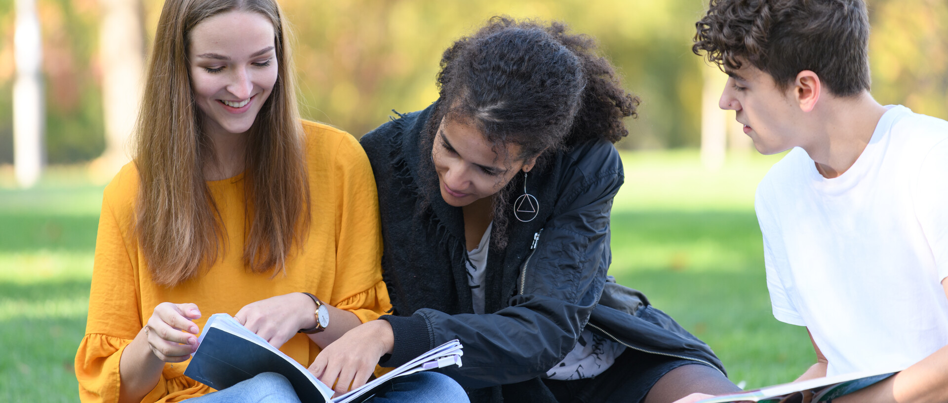 Drei Studierende sitzen mit ihren Büchern auf einer Wiese.