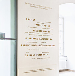 Ein Foto der Fördererwand im Schloss Ostflügel. Auf ihr stehen viele Namen in unterschiedlichen Größen.