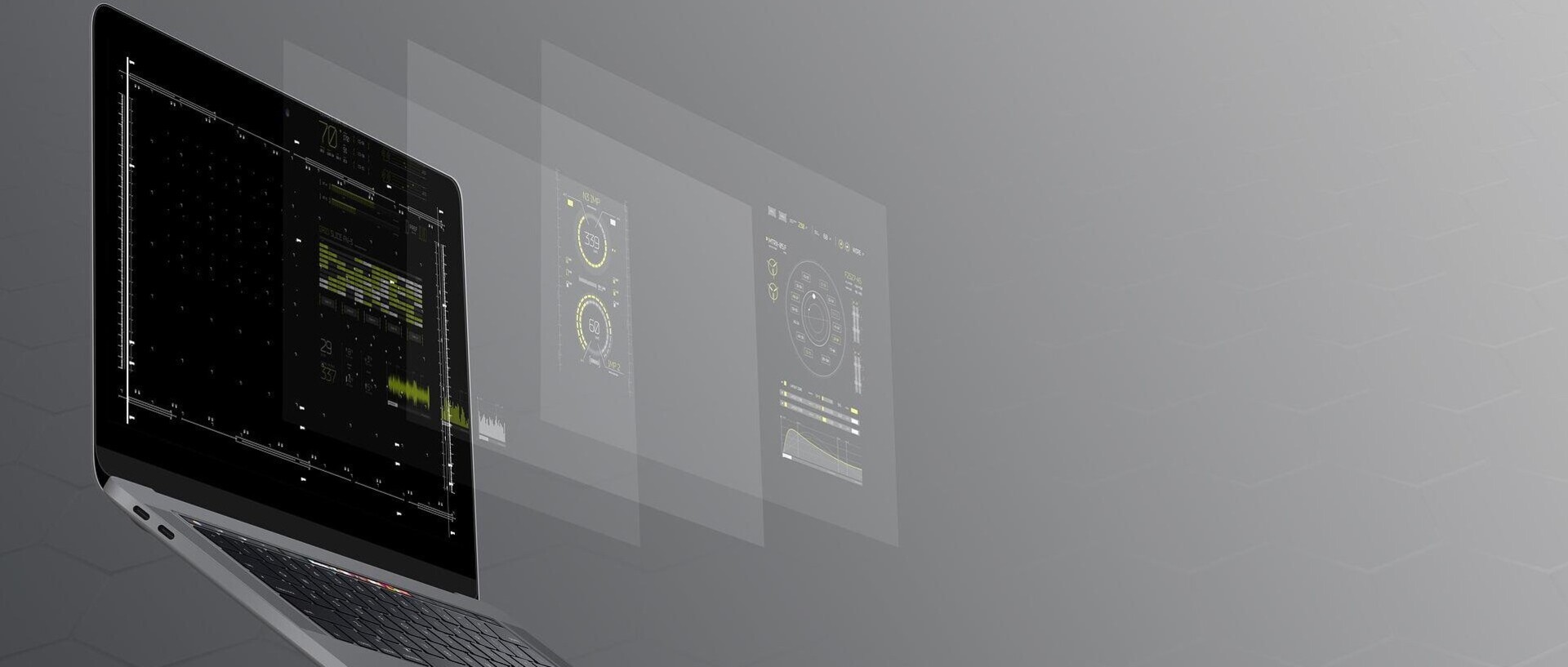 Laptop with additional screen layers floating in the air