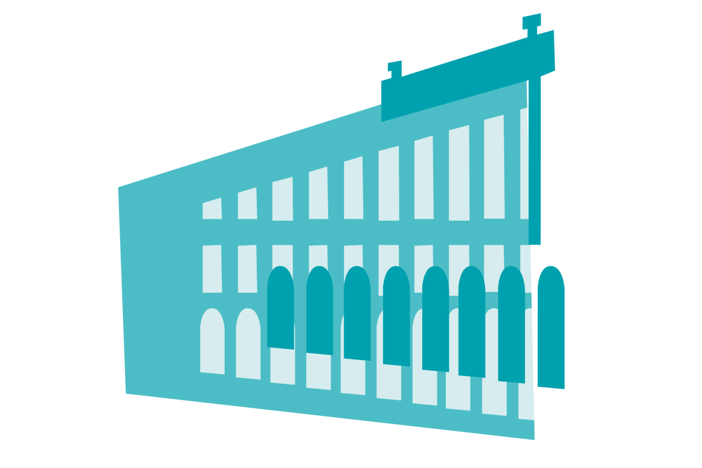 Turquoise illustration of a wing of the Mannheim Schloss. The various colorful illustrations are the components of a colorful Schloss.