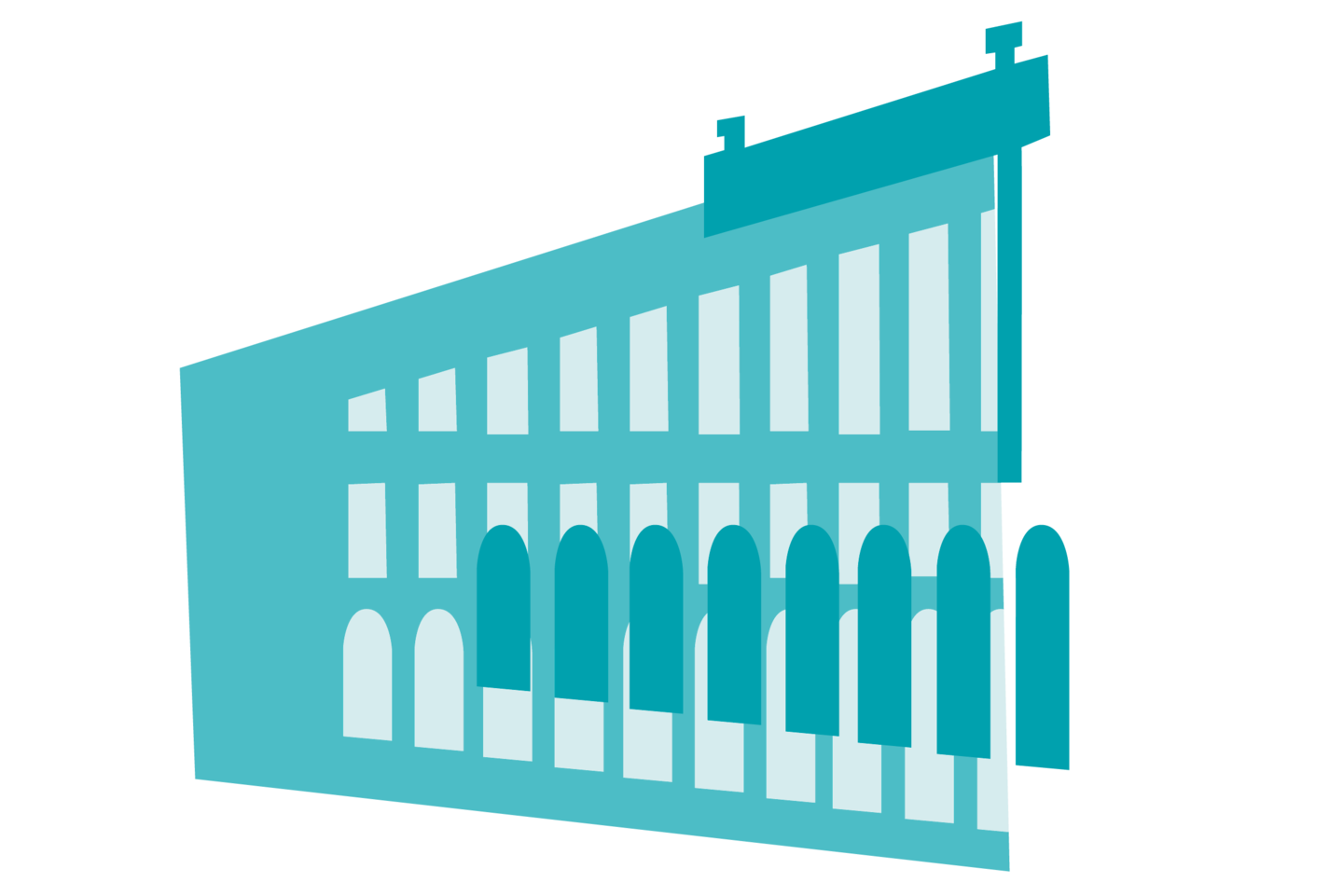Turquoise illustration of a wing of the Mannheim Schloss. The various colorful illustrations are the components of a colorful Schloss.