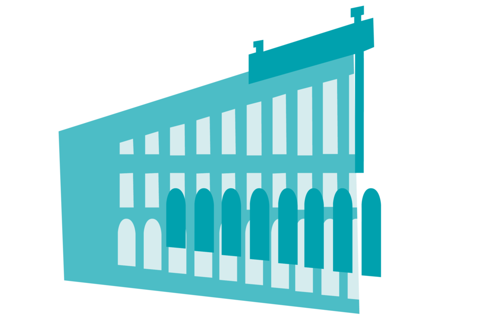 Turquoise illustration of a wing of the Mannheim Schloss. The various colorful illustrations are the components of a colorful Schloss.