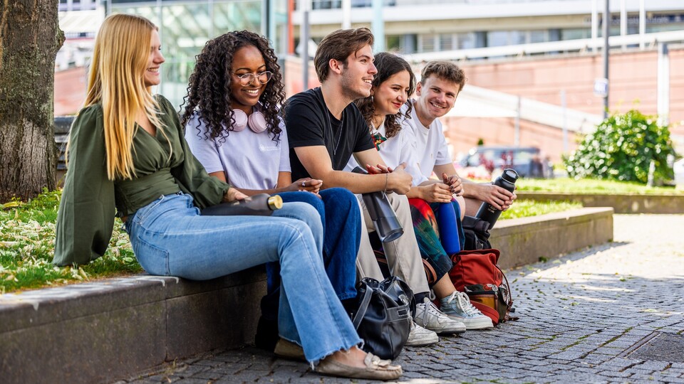Fünd Studierende sitzen nebeneinander auf einer niedrigen Mauer.
