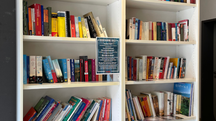 In einem weißen Regal stehen viele Bücher.