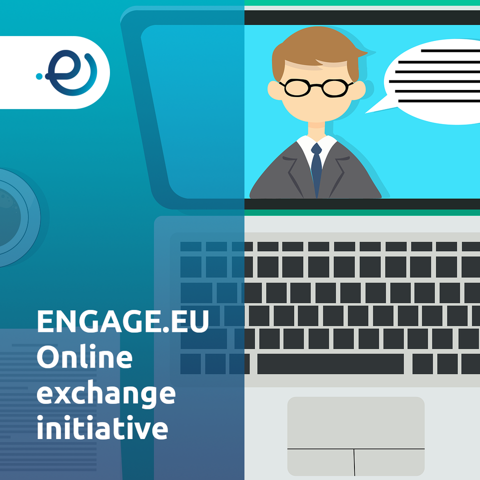 Clipart eines aufgeklappten Laptops. Links steht in weißer Schrift: "Engage.EU Online exchange initiative".