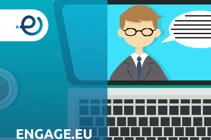 Clipart eines aufgeklappten Laptops. Links steht in weißer Schrift: "Engage.EU Online exchange initiative".