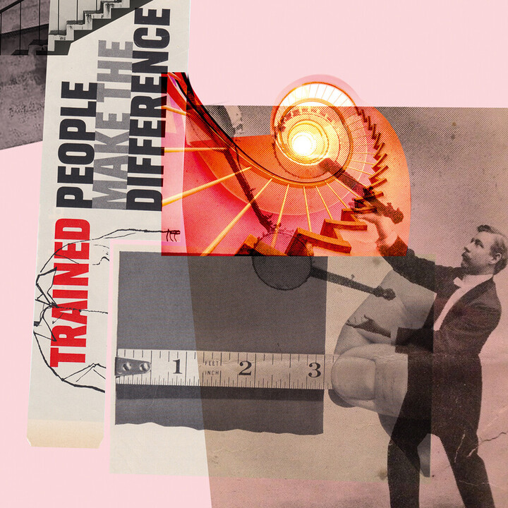 Bildercollage auf rosafarbenem Hintergund mit einem Treppenhaus, einem Maßband, einem Mann im Anzug und dem Schriftzug "Trained People make the Difference".
