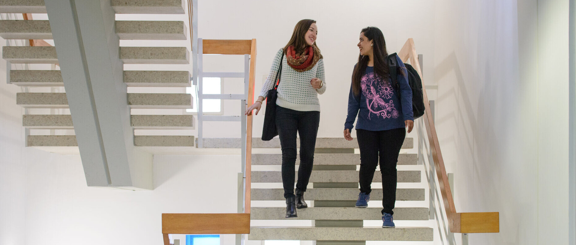 Zwei Studierende kommen eine Treppe hinunter.