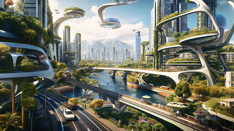 Eine futuristische Stadt mit mehreren Straßen-Ebenen, einem Fluss und vielen Bäumen.
