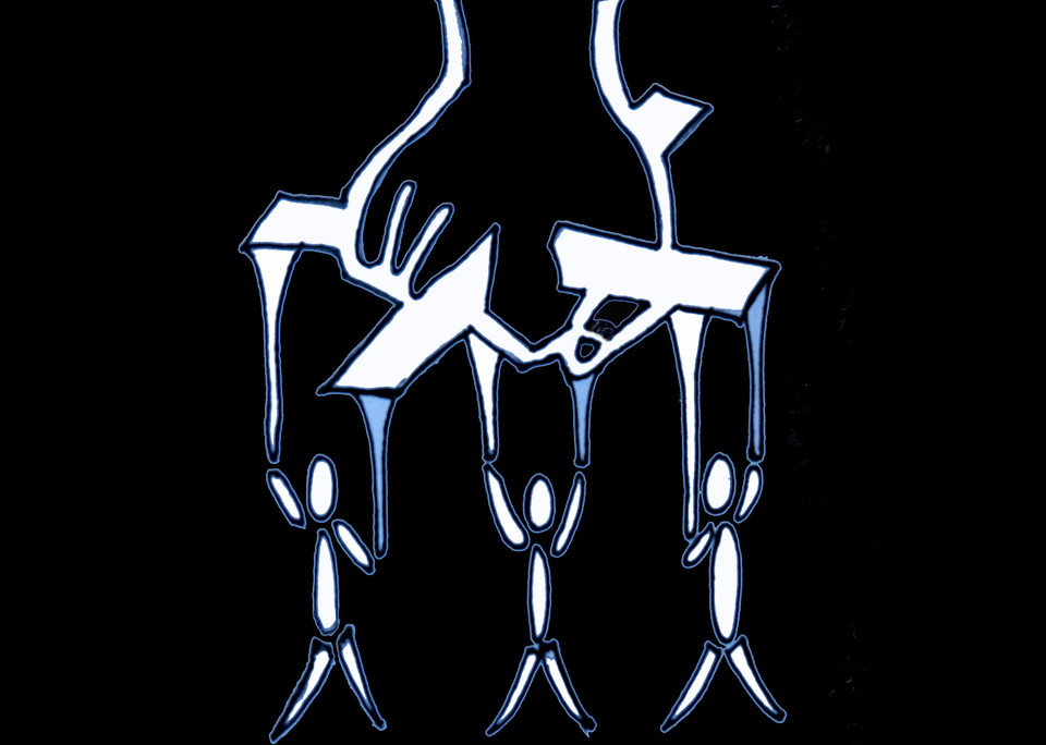 Eine Hand bewegt drei Figuren wie Marionetten.