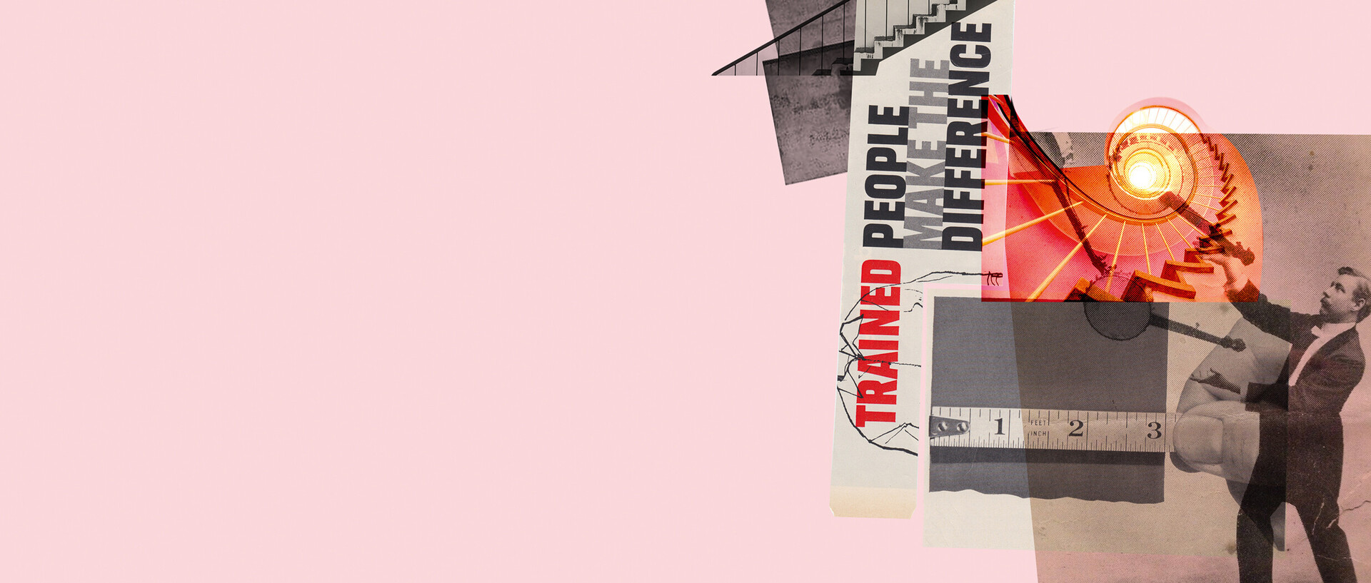 Bildercollage vor rosa Hintergrund mit einer Treppe, einem Maßband, einer Wendeltreppe und einem Mann mit Anzug