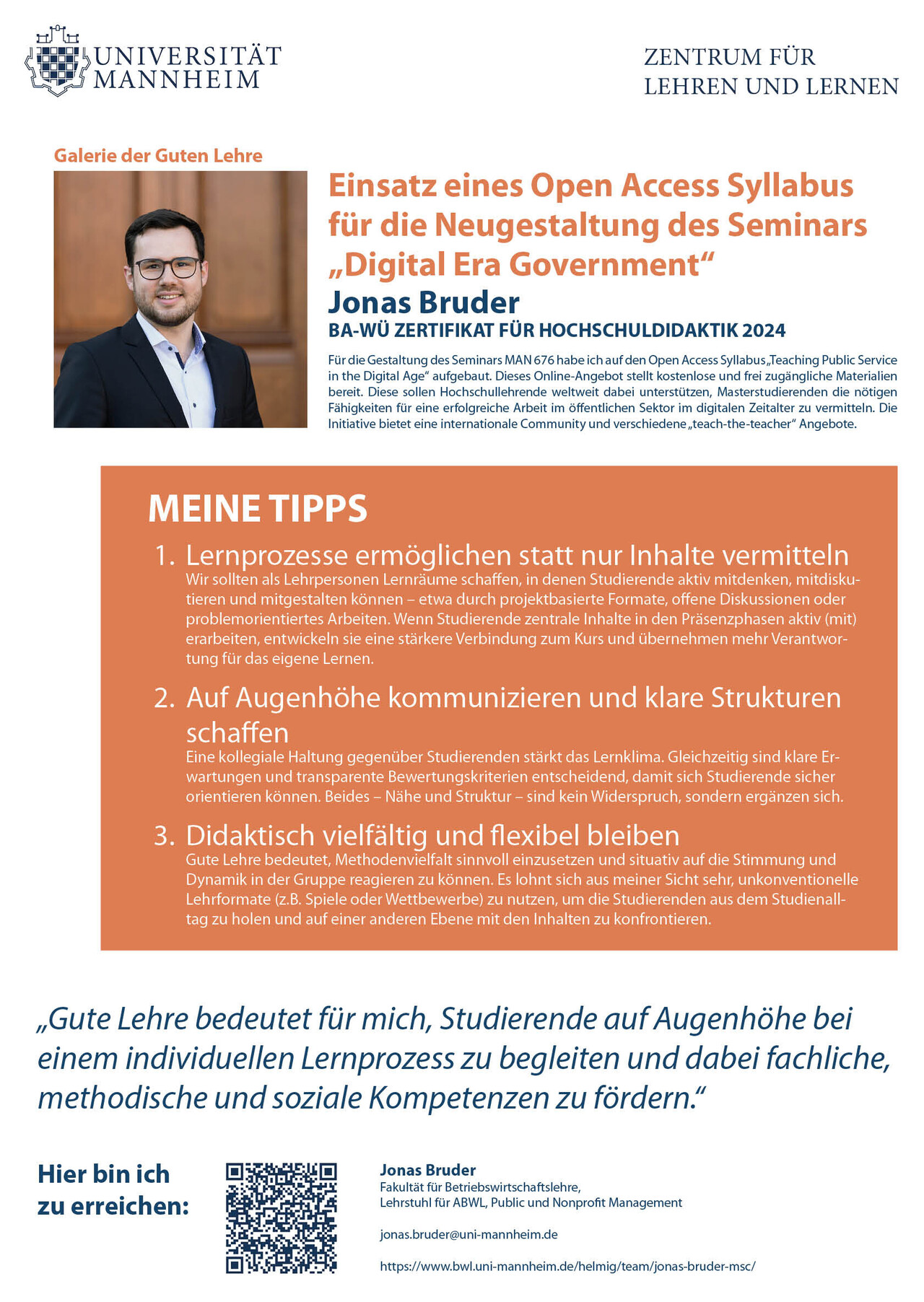 Poster der Galerie der Guten Lehre 2025 von Jonas Bruder zum Thema "Einsatz eines Open Access Syllabus für die Neugestaltung des Seminars „Digital Era Government“"