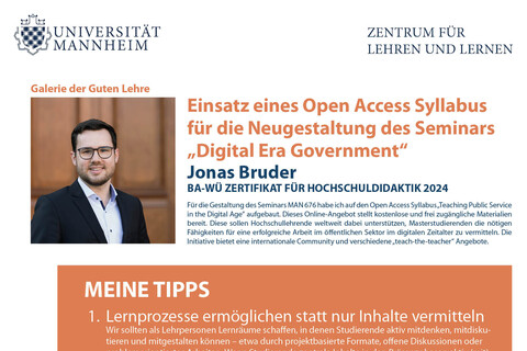 Poster der Galerie der Guten Lehre 2025 von Jonas Bruder zum Thema "Einsatz eines Open Access Syllabus für die Neugestaltung des Seminars „Digital Era Government“"