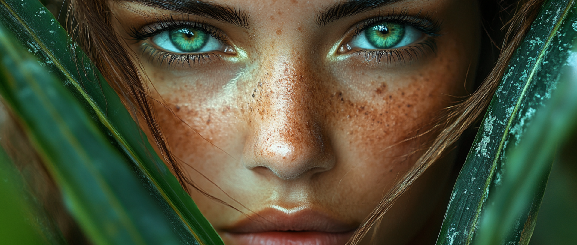 Woman with green eyes in rainforest