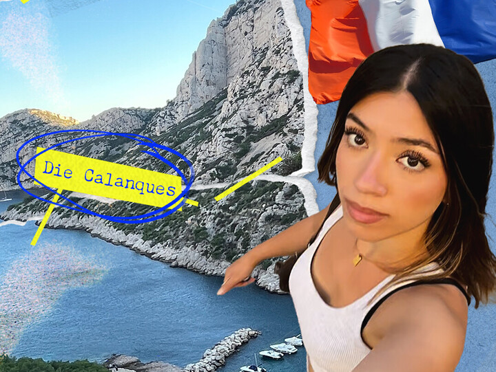 Fotocollage mit mittiger Bildüberschrift "Viel Soleil für Ann in Marseille". Die Fotos zeigen ein Stadion, die Calanques, Muscheln, die französische Flagge und in der rechten unteren Bildecke ein Selfie von einer weiblich gelesenden Studierenden mit dunklen Haaren. 