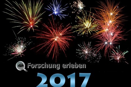 Ein buntes Feuerwerk auf schwarzem Hintergrund, darunter der Schriftzug "Forschung erleben 2017"