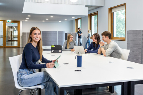 Eine Studentin sitzt an einem Arbeitstisch in B6. Im Hintergrund unterhalten sich 3 Studierende. 