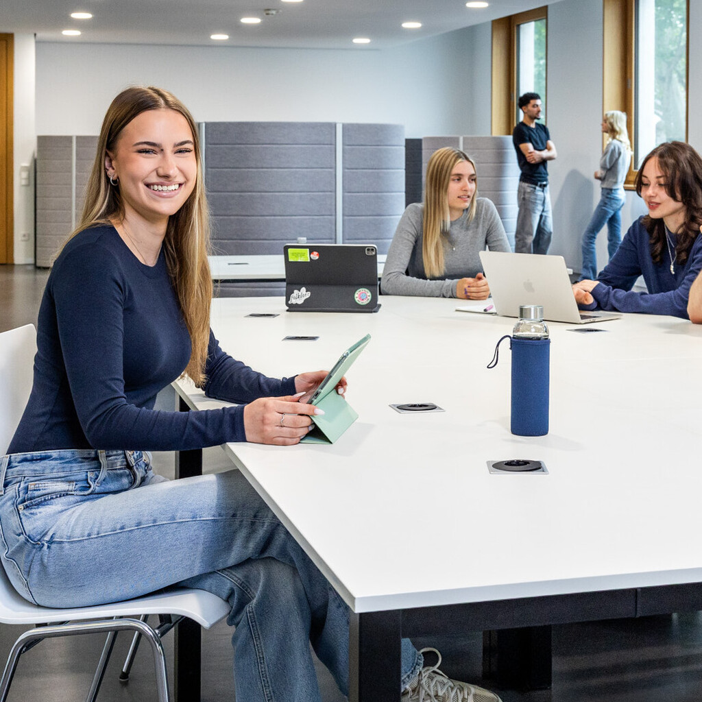 Eine Studentin sitzt an einem Arbeitstisch in B6. Im Hintergrund unterhalten sich 3 Studierende. 