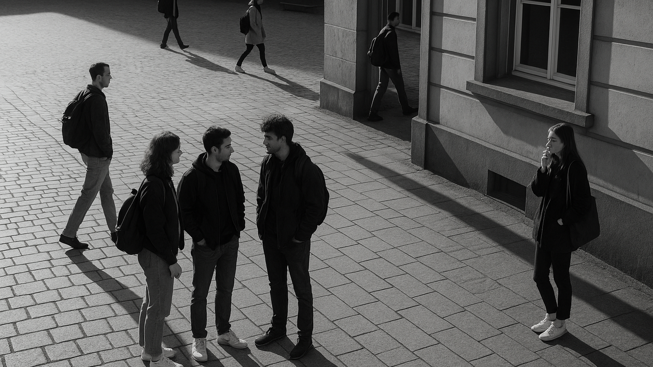 Schwarz-weiß Foto: Personen stehen vor und betreten ein Gebäude. Die Gesichter sind unscharf und detailarm, das Pflastersteinmuster ist unregelmäßig.