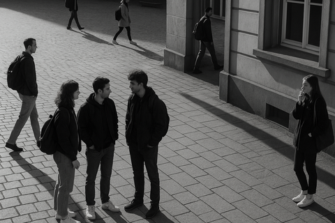 Schwarz-weiß Foto: Personen stehen vor und betreten ein Gebäude. Die Gesichter sind unscharf und detailarm, das Pflastersteinmuster ist unregelmäßig.