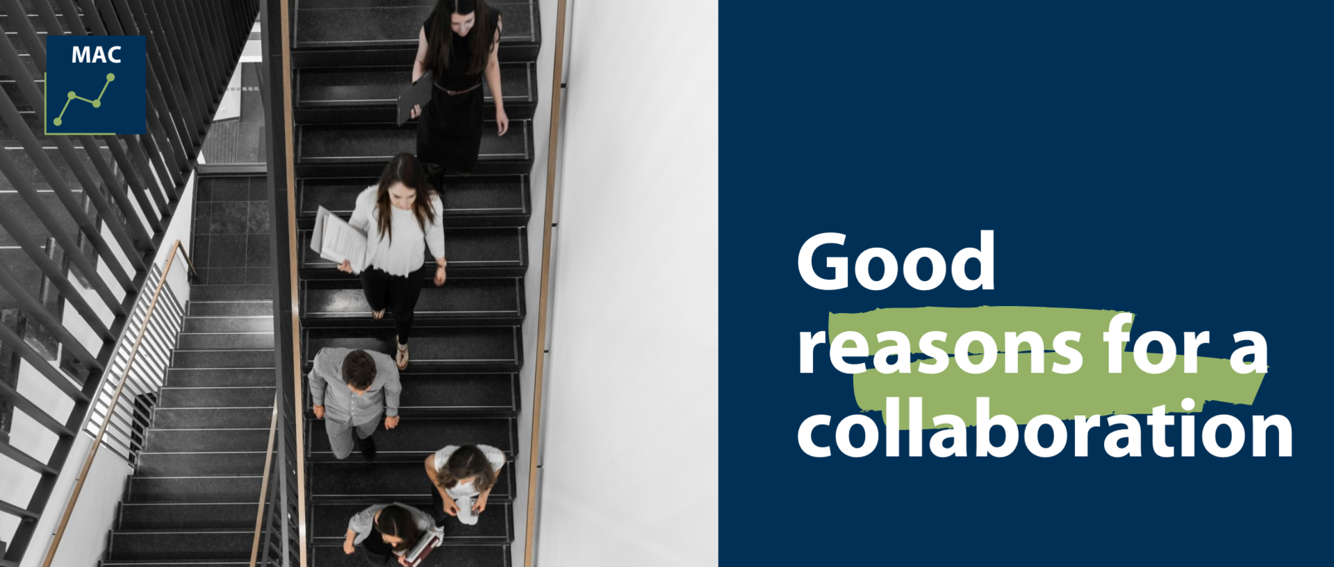 Treppe mit absteigenden Menschen von oben, Schriftzug in blauem Kasten: "Ggood reasons for a collaboration"