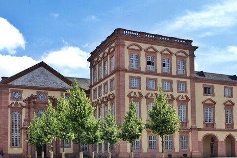 Der Kunstturm und der Ehrenhof Ost im Sonnenlicht. Davor grün belaubte Bäume.