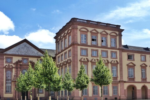 Der Kunstturm und der Ehrenhof Ost im Sonnenlicht. Davor grün belaubte Bäume.